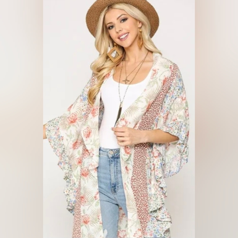 GIGIO by UMGEE Patchwork Print and Mixed Ruffle Chiffon Kimono Swim Cover Up - Picture 1 of 5